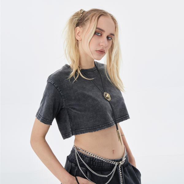 steadYYoung 220GSM Women's Snow Wash Crop Top Tee STDY