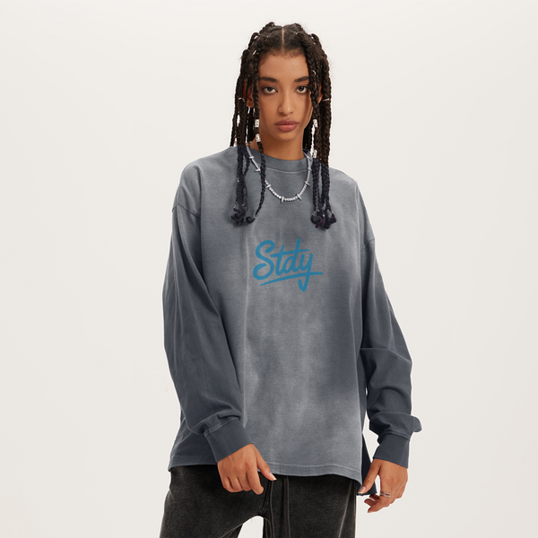 steadYYoung 260GSM Oversized Sun Faded Long Sleeve Top Good Vibes