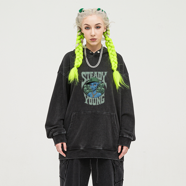 steadYYoung 380GSM Snow Wash Snap Collar Hoodie Alien