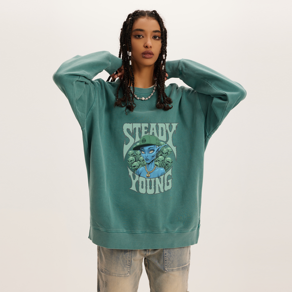 steadYYoung 380GSM Heavyweight Oversized Side Slit Faded Sweatshirt Alien