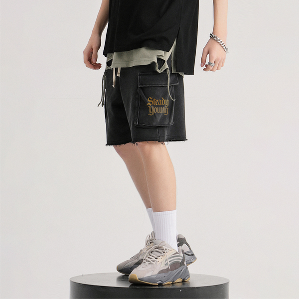 steadYYoung 320GSM Snow Wash Raw Hem Cargo Shorts STDY