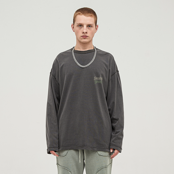 steadYYoung 290GSM Reverse Seam Washed Long Sleeve Tee Crown